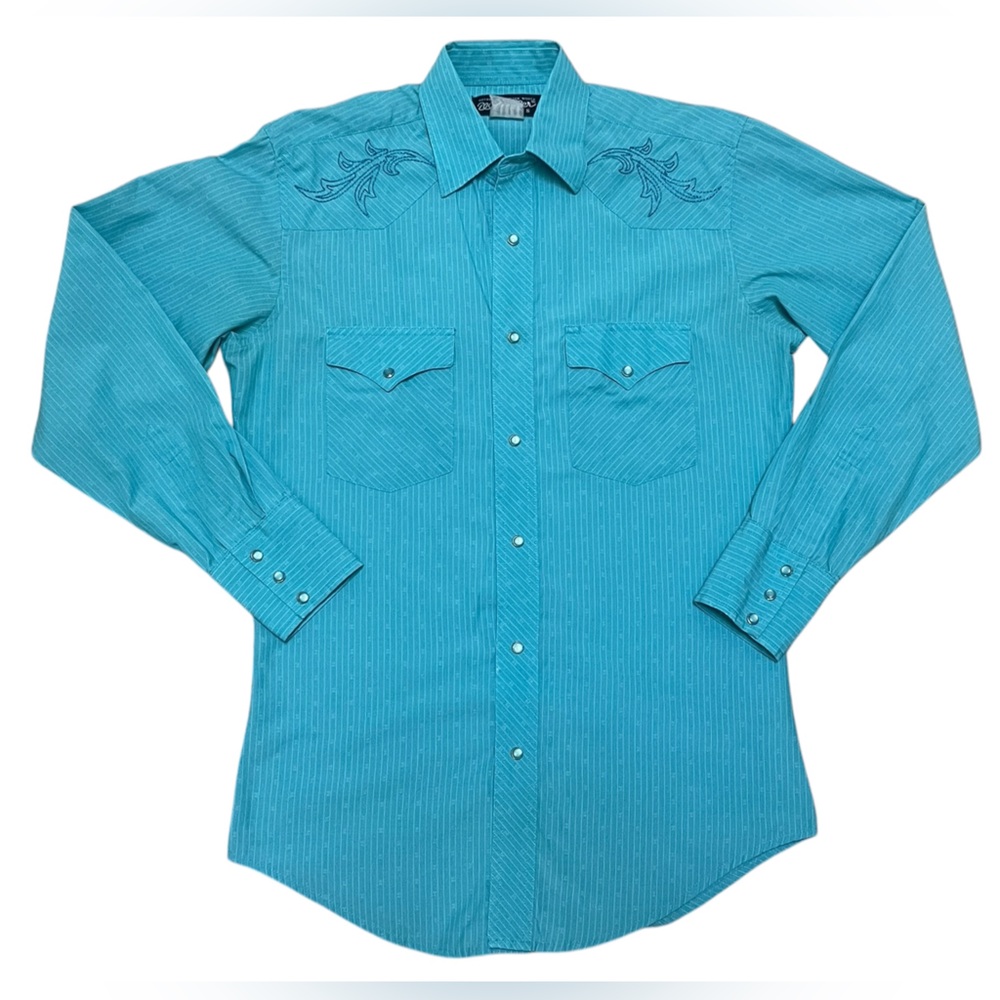 Vintage Wrangler Western Pearl Snap Button Up Pinstriped Blue Long Sleeve Small